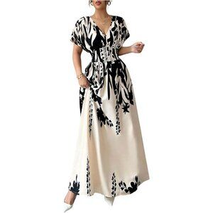 Women's Floral V Neck Maxi Dress Short Sleeve Smocked Flowing Summer Dress